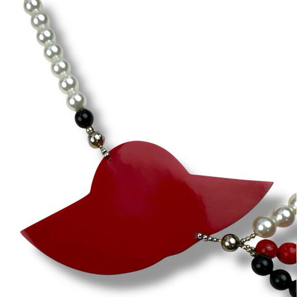 Vintage Lee Sands Lady in Red Hat Necklace Art Deco MOP Inlay 1980s - Picture 5 of 9